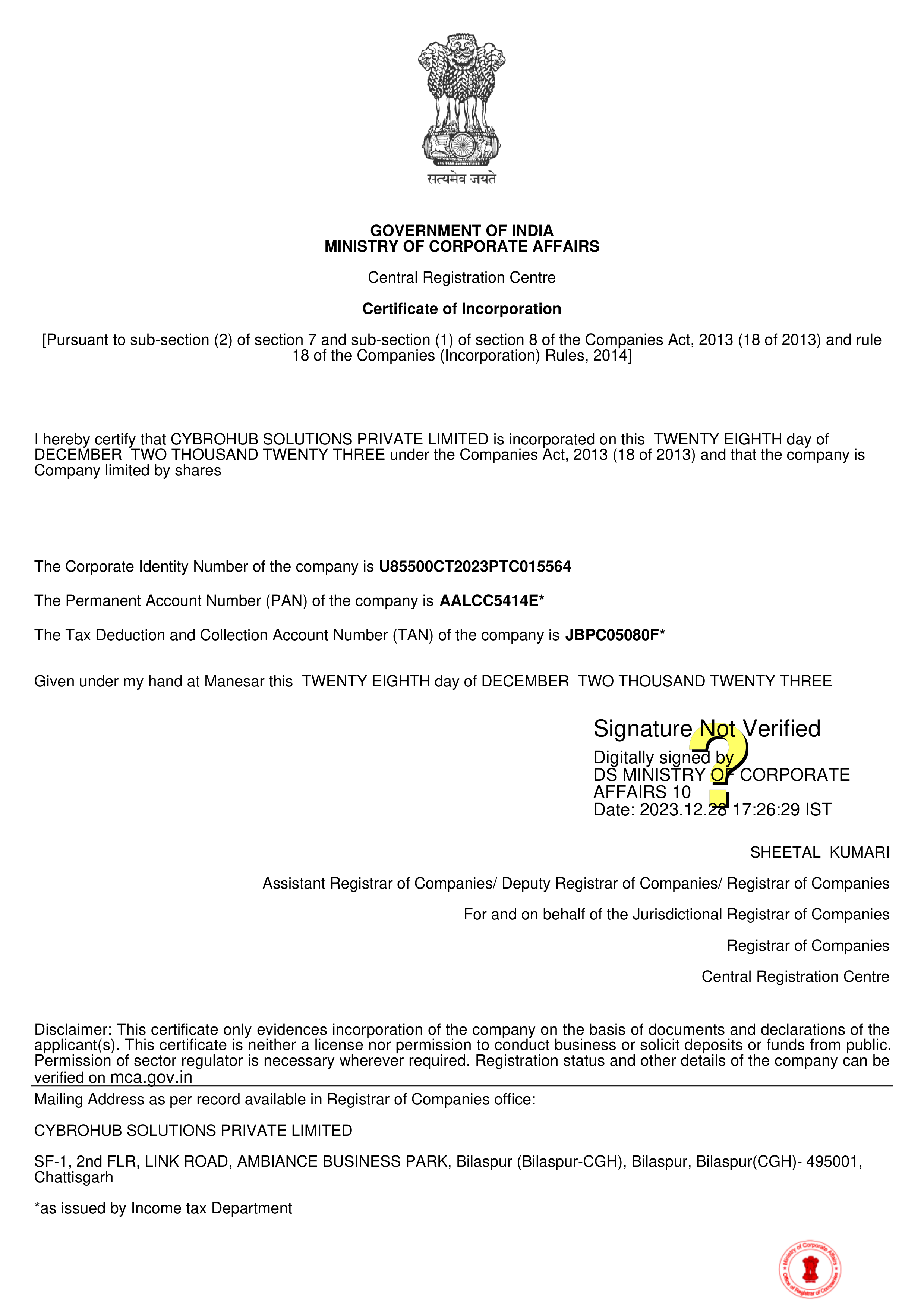 Company Registration Certificate